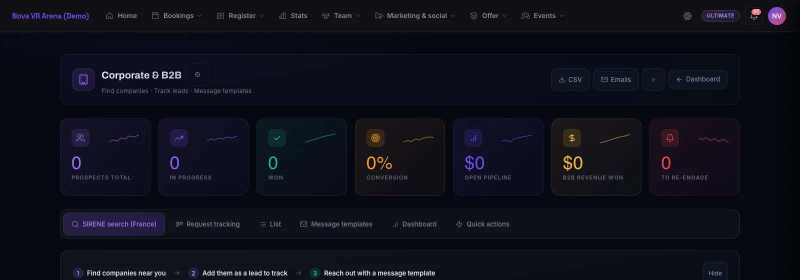 Pulzar's corporate module: company records, tracked requests, quotes