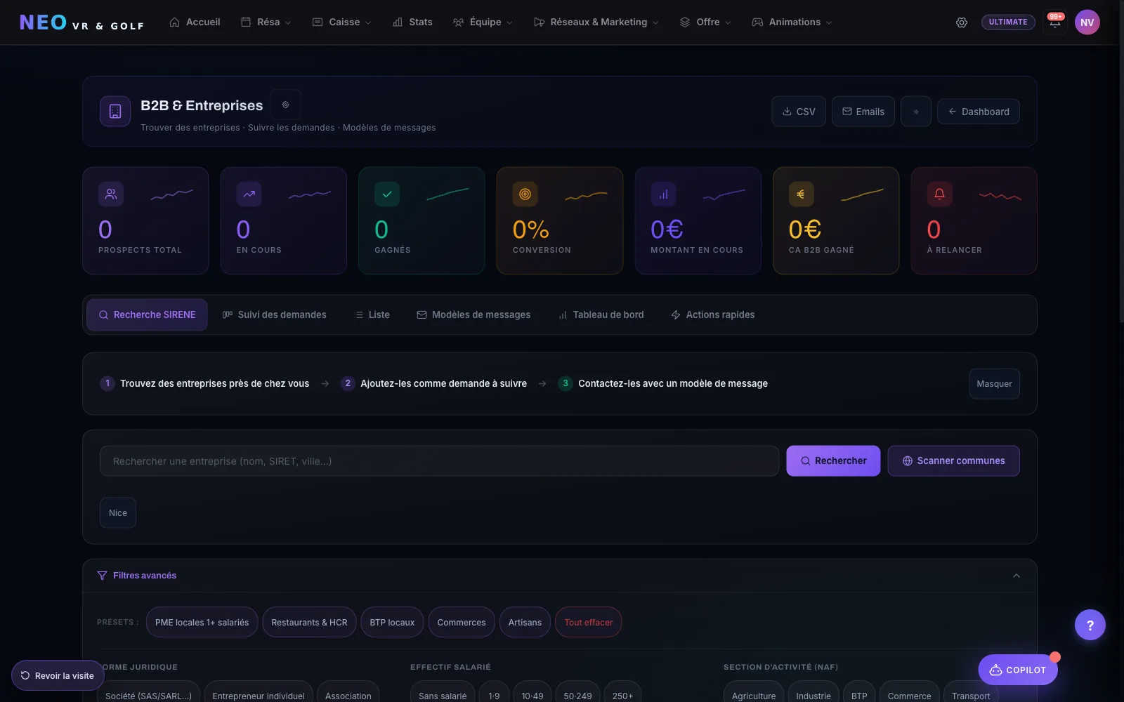 Le module B2B et Entreprises de Pulzar : recherche SIRENE, suivi des demandes, devis