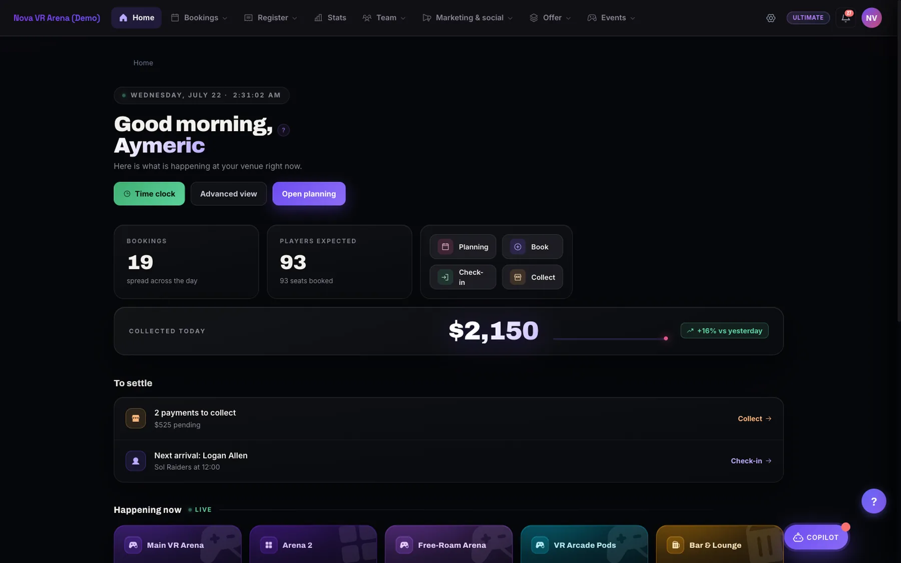 The Pulzar dashboard: bookings, point of sale and today's revenue in real time