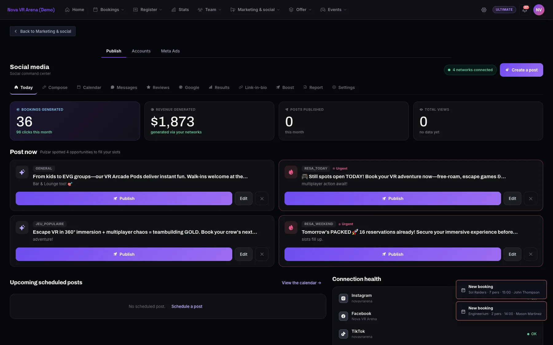 Pulzar's AI Social Studio: compose one post for 5 networks