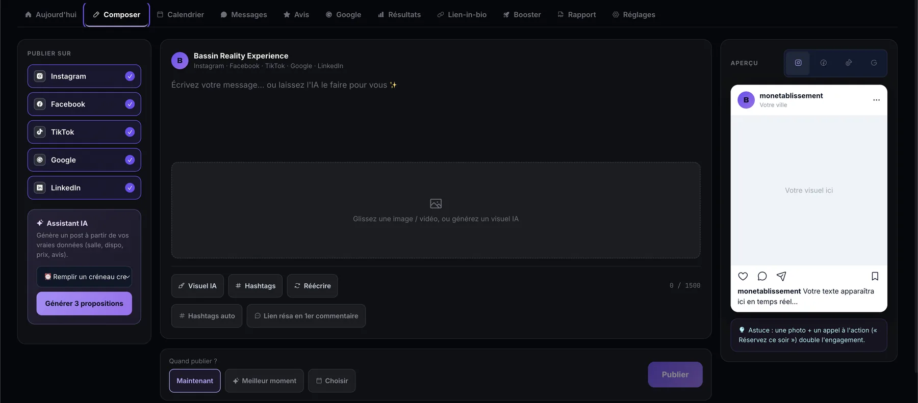 Le Studio Social IA de Pulzar : composer un post pour 5 réseaux