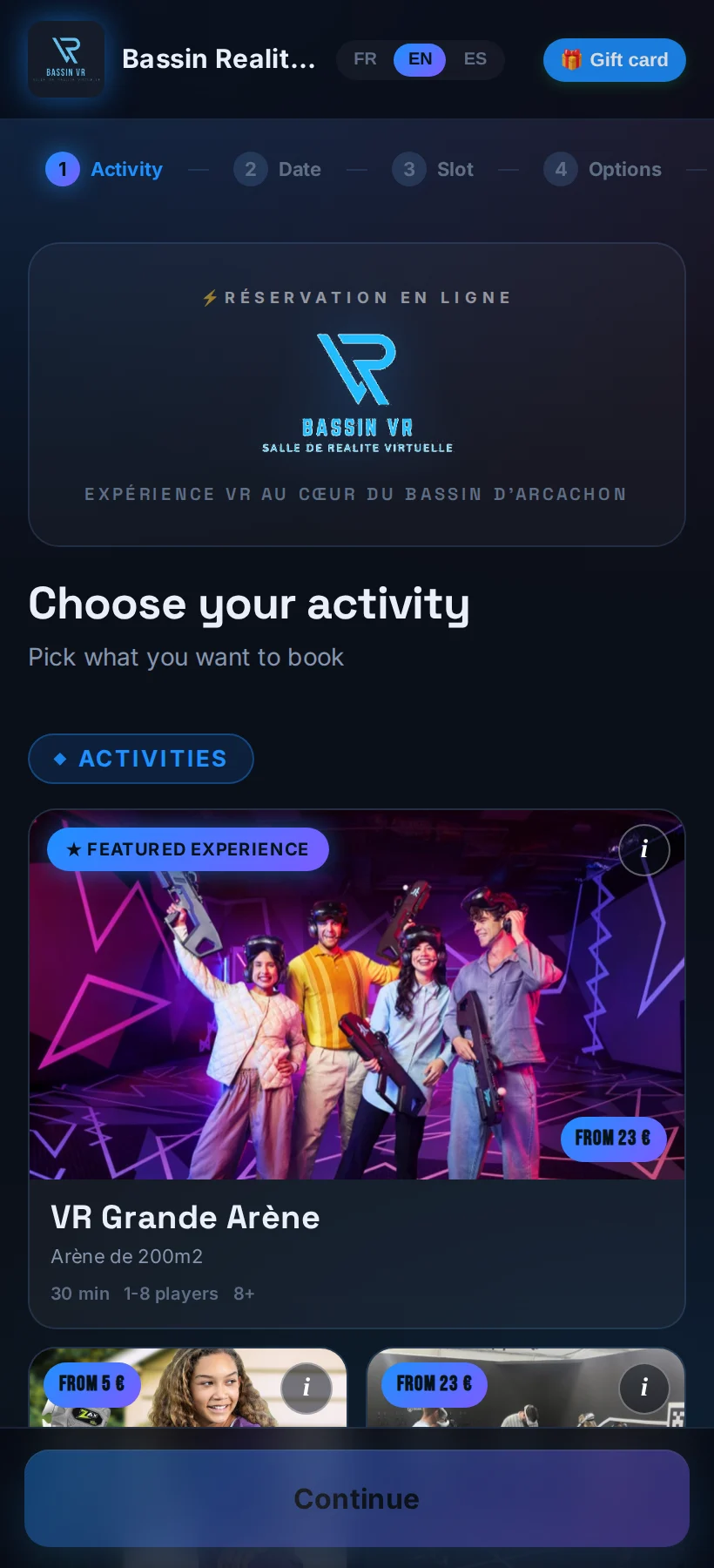The live booking page of BassinVR, a free-roam VR park running on Pulzar