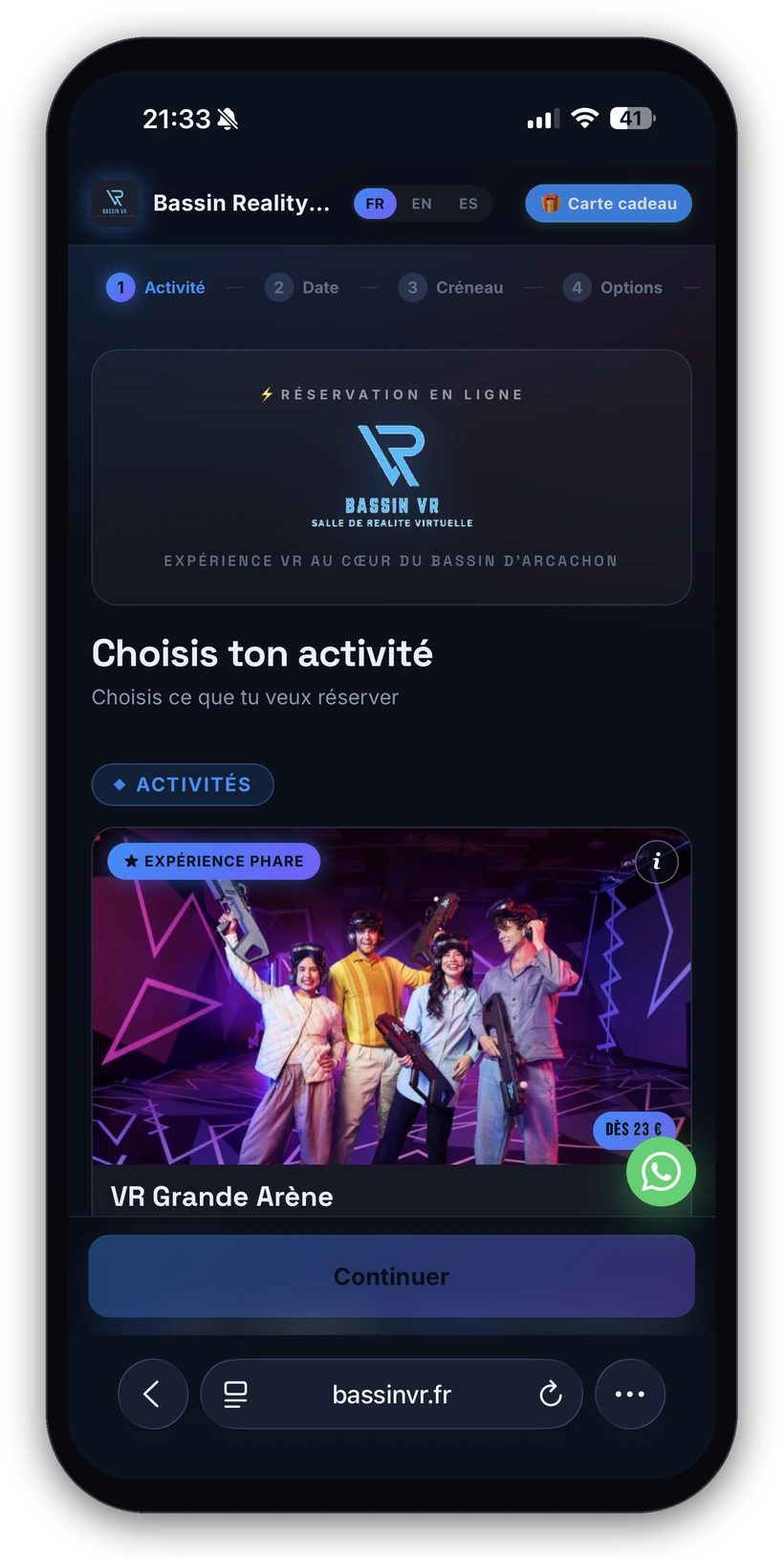 La page de réservation BassinVR sur iPhone